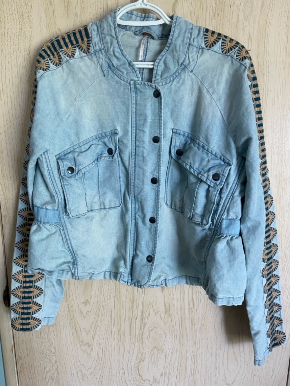 Free People Embroidered Chambray Jacket Womens Large Blue Linen Cotton Blend S - Picture 5 of 14